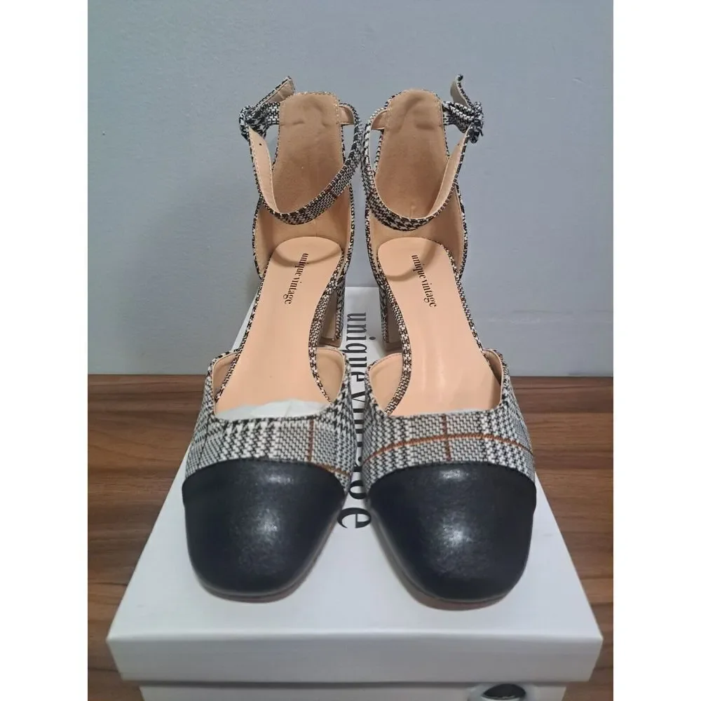 Unique Vintage Shoes Womens Size 8 Black Gray Houndstooth Plaid‎ Black Toe Cap
